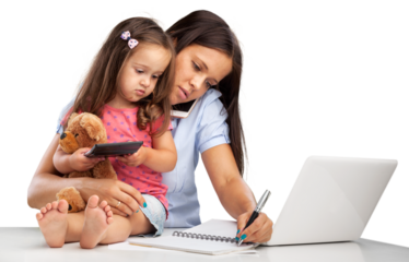 Beautiful business mother is talking on the mobile phone and playing child
