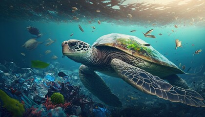 Fototapeta na wymiar Conceptual image of a turtle swimming in the ocean along with garbage and plastic bags. Generative AI