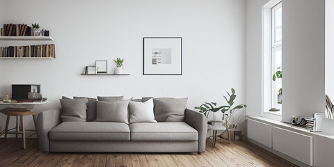 mock up poster frame in boho interior background, wooden living room design, Scandinavian style. Generative AI illustration