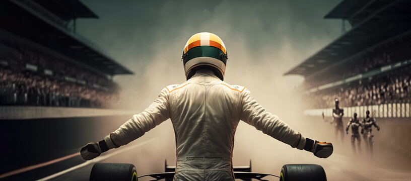 Silhouette of race car driver celebrating the win, gran prix. digital art