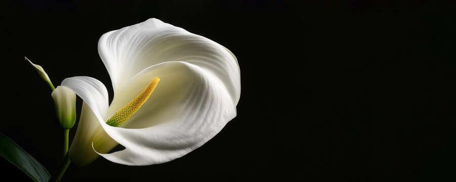 Deepest sympathy card with calla flower on black background. condolences on deaths. Funeral concept. copy space. digital ai art