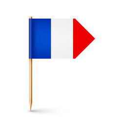 Realistic French toothpick flag. Souvenir from France. Wooden toothpick with paper flag. Location mark, map pointer. Blank mockup for advertising and promotions. Vector illustration