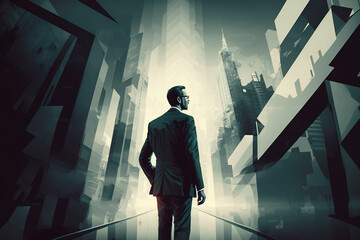 Fototapeta Sylwetka osoby stojącej przed ścianą.
Biznesmen stojący przed budynkiem.
Bankierzy w mieście w mieście. Tło dla firmy związanej z biznesem, giełdą, pieniędzmi. Wygenerowane przez AI obraz
