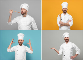 Chef in uniform on different color backgrounds, collage design