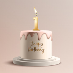 One Year. Vector Birthday Anniversary Sweet Cake. Greeting Card, Banner with 3d Realistic Burning Golden Birthday Party Candle, Number, Flame. Icon Design Template for Birthday Concept. Front View