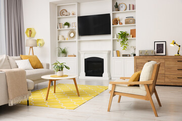Spring atmosphere. Stylish room interior with cozy furniture and fireplace