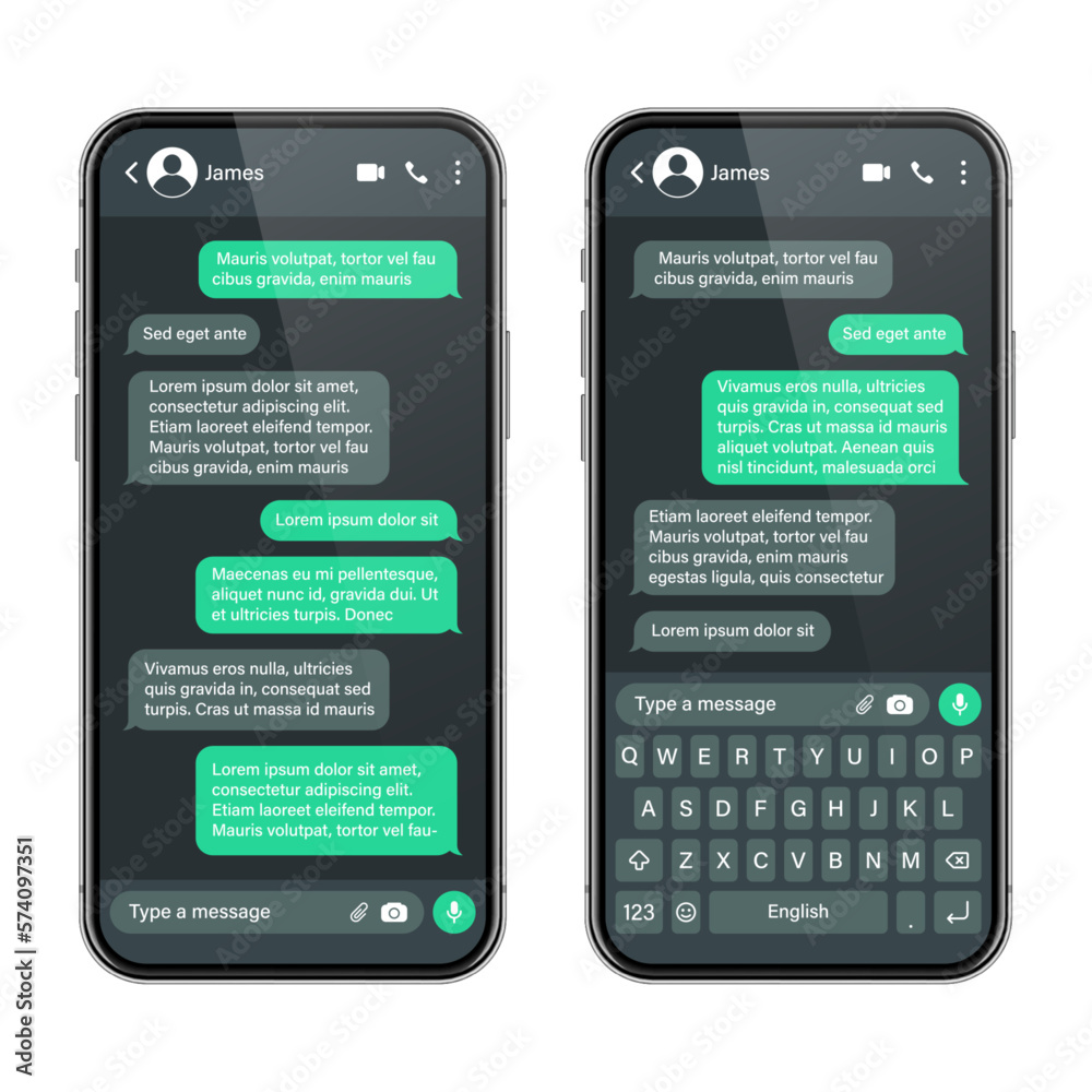Wall mural realistic smartphone with messaging app. sms text frame. conversation chat screen with green message