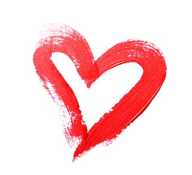 Red paint sample in shape of heart on white background, top view