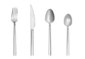 Shiny silver cutlery set on white background, top view