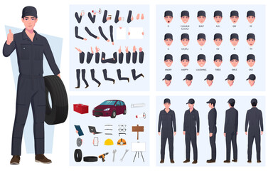 Auto Mechanic Character Creation Set, Mechanical Engineer Pack with Tools, Gestures and Face Expressions.