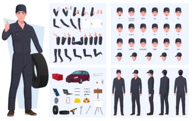 Fototapeten Auto Mechanic Character Creation Set, Mechanical Engineer Pack with Tools, Gestures and Face Expressions. © CuteDesigns