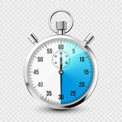 Realistic classic stopwatch icon. Shiny metal chronometer, time counter with dial. Blue countdown timer showing minutes and seconds. Time measurement for sport, start and finish. Vector illustration