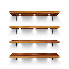 Realistic wooden store shelves with wall mount and lighting, spotlights. Empty product shelf, grocery wall rack. Mall and supermarket furniture, bookshelf. Interior design. Vector illustration