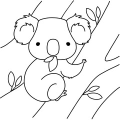 Cute koala bear eat eucalyptus leaves. Printable coloring page. Vector black and white illustration. © Andrushchenko T.