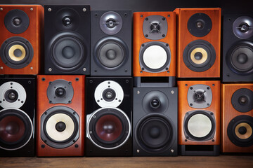 A wall of speakers. Mid sized audio speakers or studio monitors stacked up.