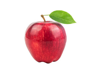 Ripe red apple fruit and green apple leaf isolated on transparent background with clipping path. Apples and leaf. full depth of field.