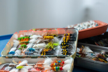 Multiple fly boxes of colorful salmon flies. The large selection is both dry and wet-style flies. The small single hooks have feathers, fur, and bright string surrounding the small fish hooks. 