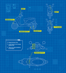 Motorcycle in outline style schematic blueprints Vehicle side front back top dashboard view Industrial image on a blue background Vector illustration