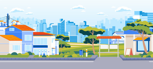 Obraz premium Residential neighborhood environment on suburb of tree big modern city buildings landscape road, sidewalk, houses in urban residential district