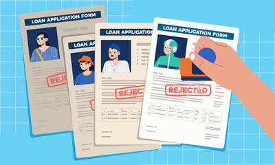 Human hand stamping official document signed and approved refuse a loan application document with borrower photo