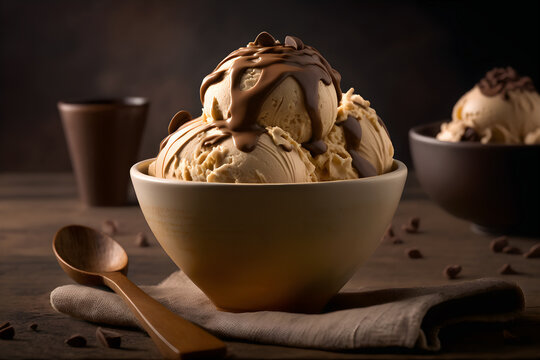 Bowl of delicious coffee ice cream on dark background. Generative ai and digital editing.