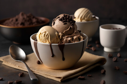 Bowl of delicious coffee ice cream on dark background. Generative ai and digital editing.