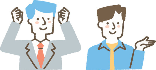 スーツを着た人と案内する人_色