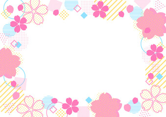 カラフルで子どもっぽい桜の花の幾何学図形フレーム　横