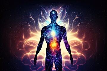 Silhouette of human astral human body concept image for near death experience, spirituality, and meditation - AI Generated