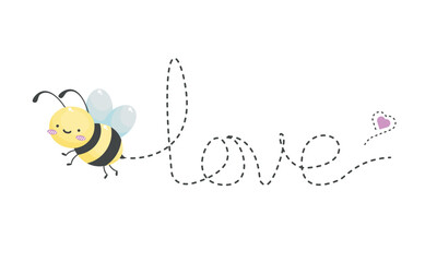 Bee love icon. cute bee love. love shaped dotted yellow bee trail. flying bee transparent background