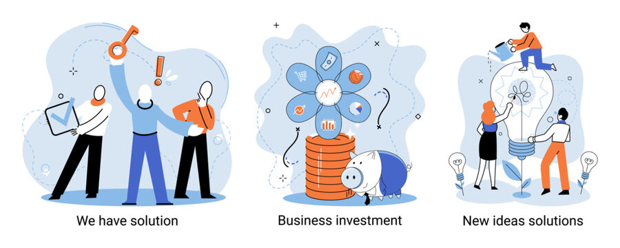 We have solution metaphor, business investment, new ideas solution scenes set. Teamwork and brainstorming. Team and new startup. Leadership and financial activities. Concept joint search for new ideas