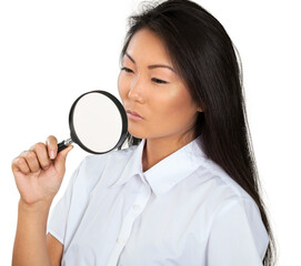 Asian Woman Holding Magnifying Glass - Isolated