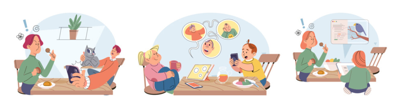 Happy little kid using tablet, child watching smartphone while eating at kitchen at home. Irritated mom is nervous that kid is distracted during feeding and spends too much time with gadgets
