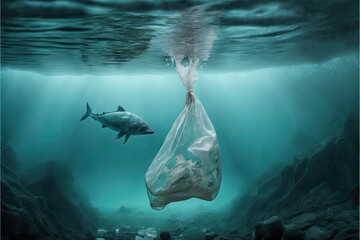 plastic bags in the sea, dirty ocean, Made by AI,Artificial intelligence