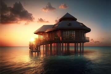 maldives luxury resort, beautiful sea, hotel, sunset, tip view, Made by AI,Artificial intelligence - obrazy, fototapety, plakaty