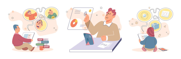 Children at home with phones and tablets set. Kids remote education, toddlers use smart technologies. Kids studying online, surfing social media, playing game, chatting by video call and use internet