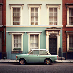 Fototapeta na wymiar Minimalistic detail nostalgic house, vintage car parked 