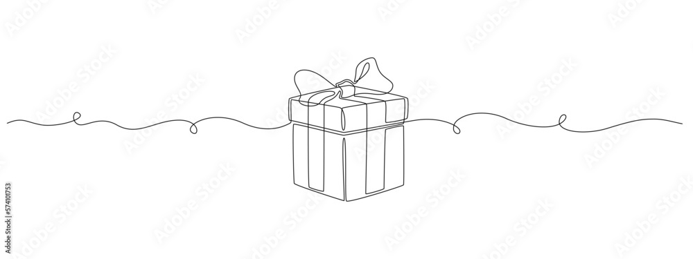 Poster one continuous line drawing of christmas present box. wrapped gift surprise with ribbon and bow icon