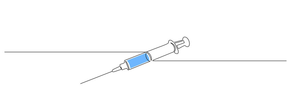 One continuous line drawing of medicine syringe. Pharmaceutical component and vaccine symbol in simple linear style. Editable stroke. Doodle outline vector illustration