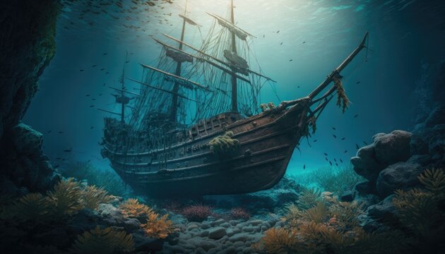 ship wreck in the sea. Pirate boat under the ocean. Decaying remains with coral reefs and masts.