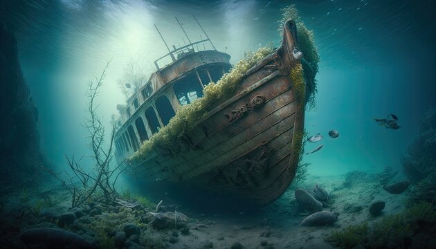 ship wreck in the sea. Pirate boat under the ocean. Decaying remains with coral reefs and masts.