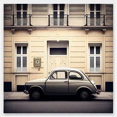 Obraz na płótnie Canvas Minimalistic detail nostalgic house, vintage car parked 