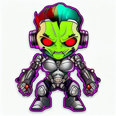 sticker of cute cyborg baby villain, vivid colors, contour isolated background