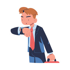 Businessman looking at wrist watch. Young man character in suit checking time cartoon vector illustration