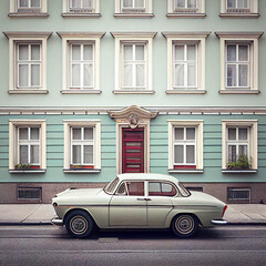 Fototapeta na wymiar Minimalistic detail nostalgic house, vintage car - Generative AI