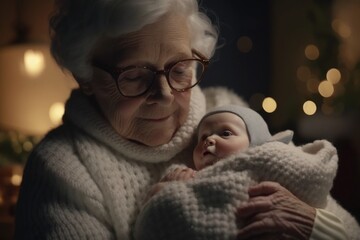 A Grandmother's Unconditional Love: Holding and Cuddling Her Sleeping Newborn Grandchild - AI Generative