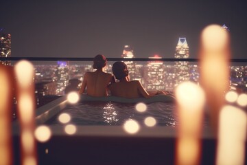Romantic Nightscape: An Urban Getaway with Stunning Skyline Views and Cozy Jacuzzi - Ai Generative - obrazy, fototapety, plakaty