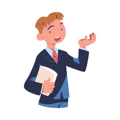 Businessman talking and gesturing. Young man character in suit holding paper documents cartoon vector illustration