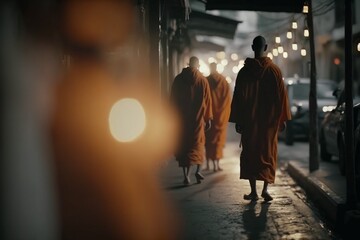 Thai Monks of Bangkok: Alms Collection and Spiritual Tradition Ai Generative