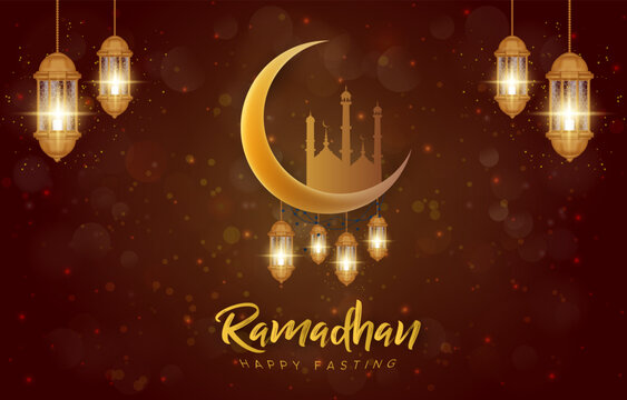 happy fasting ramadhan banner with beautiful illustration luxury islamic ornament and abstract gradient red and golden background design